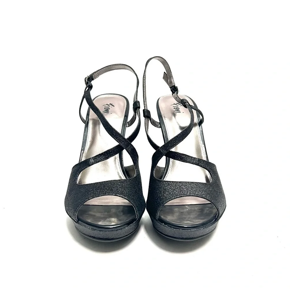Vintage Y2K deadstock black glitter vegan leather strappy platform formal heels